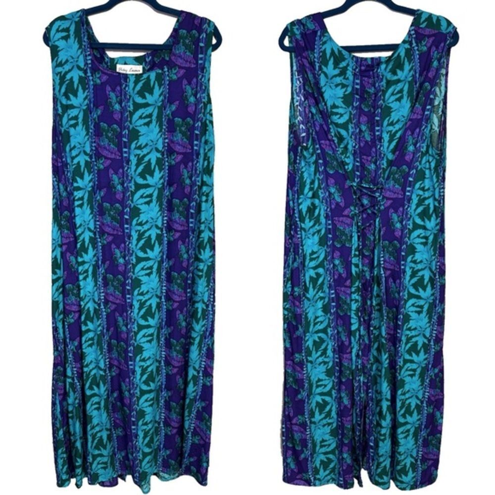 Vintage Betsy Lauren Maxi Dress 24W Sleeveless Blue Purple Floral Tie Back Coast